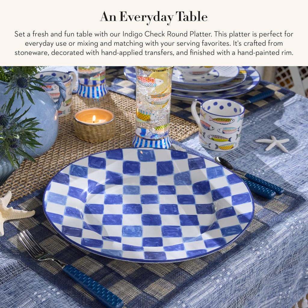 MACKENZIE-CHILDS Round Platter, Dishwasher-Safe and Microwave-Safe Stoneware Serving Platter, Indigo Check