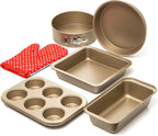 Moss & Stone 5 Piece Baking Pans Set, Carbon Steel Non-Stick PTFE Coating Oven Safe Baking Sheet Set, Bakeware Set With Heat Red Glove, Cookie Sheets For Baking Nonstick Set