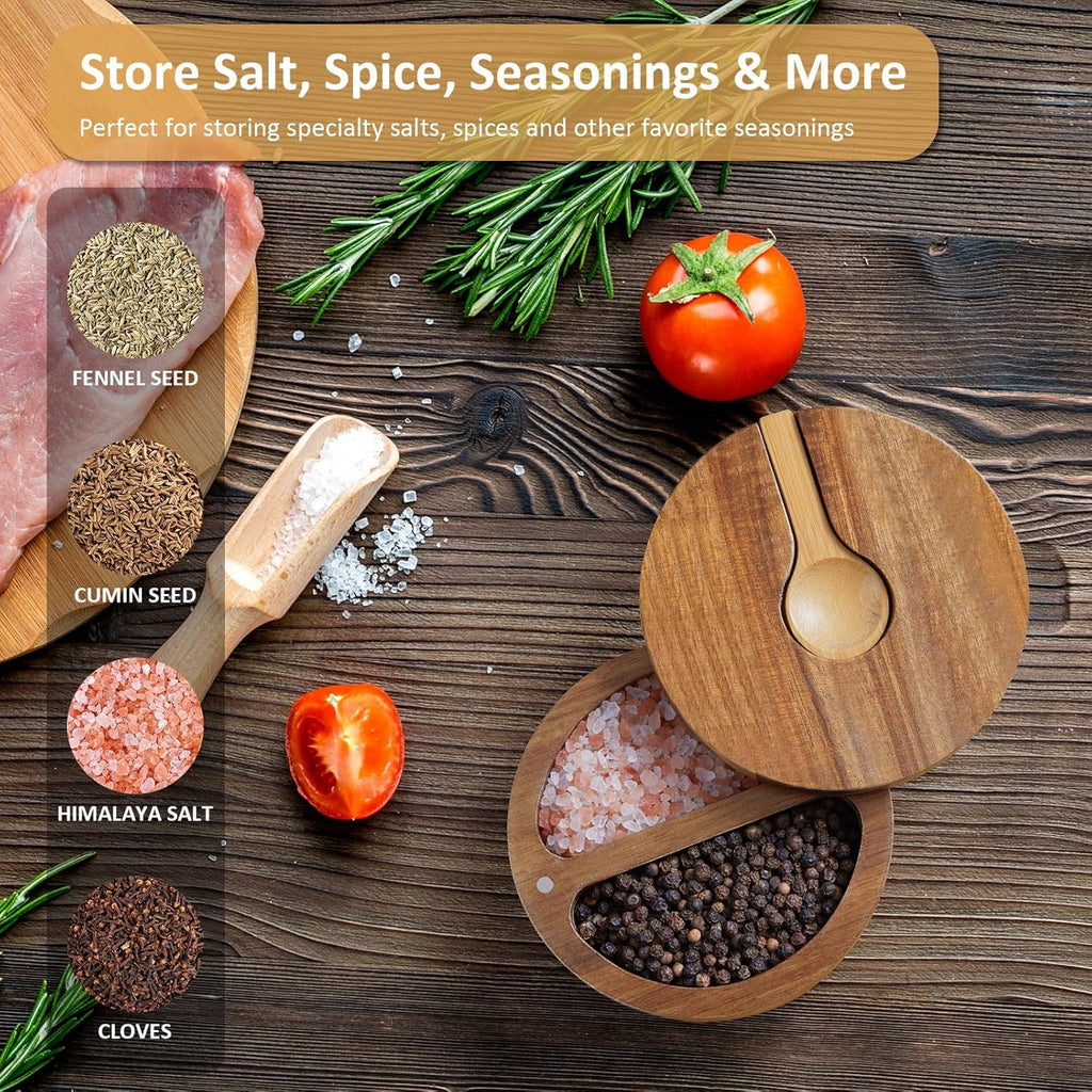 2-Compartment Acacia Salt Box with Lid and Spoon, Salt Cellar with Swivel Lid, Salt Container Holder for Sea Salt Herbs or Favorite Seasonings, Dual 6 oz Salt Bowl