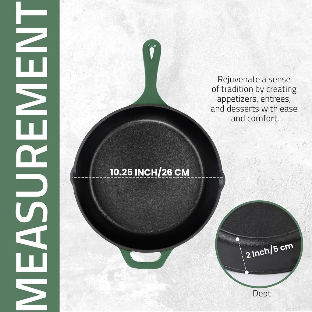 Utopia Kitchen Cast Iron Frying Pan 10.25 Inch, Cast Iron Chefs Pan, Pre Seasoned Skillet, Safe Grill Cookware for Indoor & Outdoor Use, Green