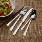 Mikasa Gold Accent Harmony Flatware Set for 12, 65 Piece 18/10 Stainless Steel Silverware with Gold-Trimmed Handles and Serving Utensils, Elegant Dinnerware Service