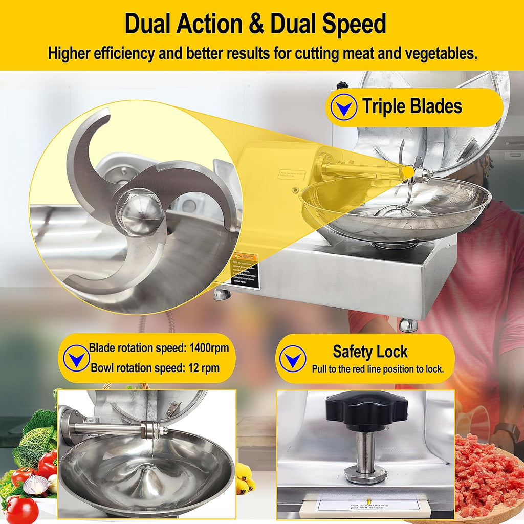 TECHTONGDA 110V Commercial Food Processor, 8L Electric Food Chopper Vegetable Cutter, Meat Grinder, Meat Bowl Cutter Chopper Machine for Vegetables, Grain, Nuts, Ginger, Garlic