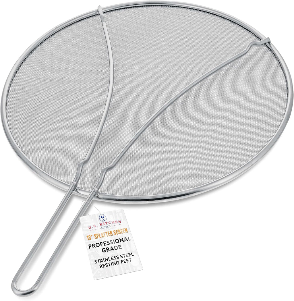 U.S. Kitchen Supply Stainless Steel Splatter Guard 13" Fine Mesh Cover, Grease & Oil, Splatter Screen for Frying Pan, Cooking Pots, with Resting Feet