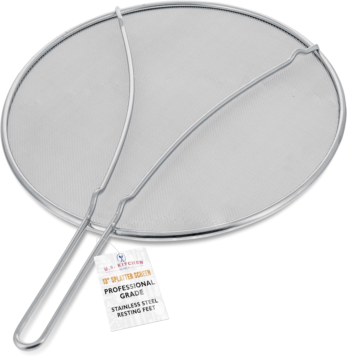 U.S. Kitchen Supply Stainless Steel Splatter Guard 13" Fine Mesh Cover, Grease & Oil, Splatter Screen for Frying Pan, Cooking Pots, with Resting Feet