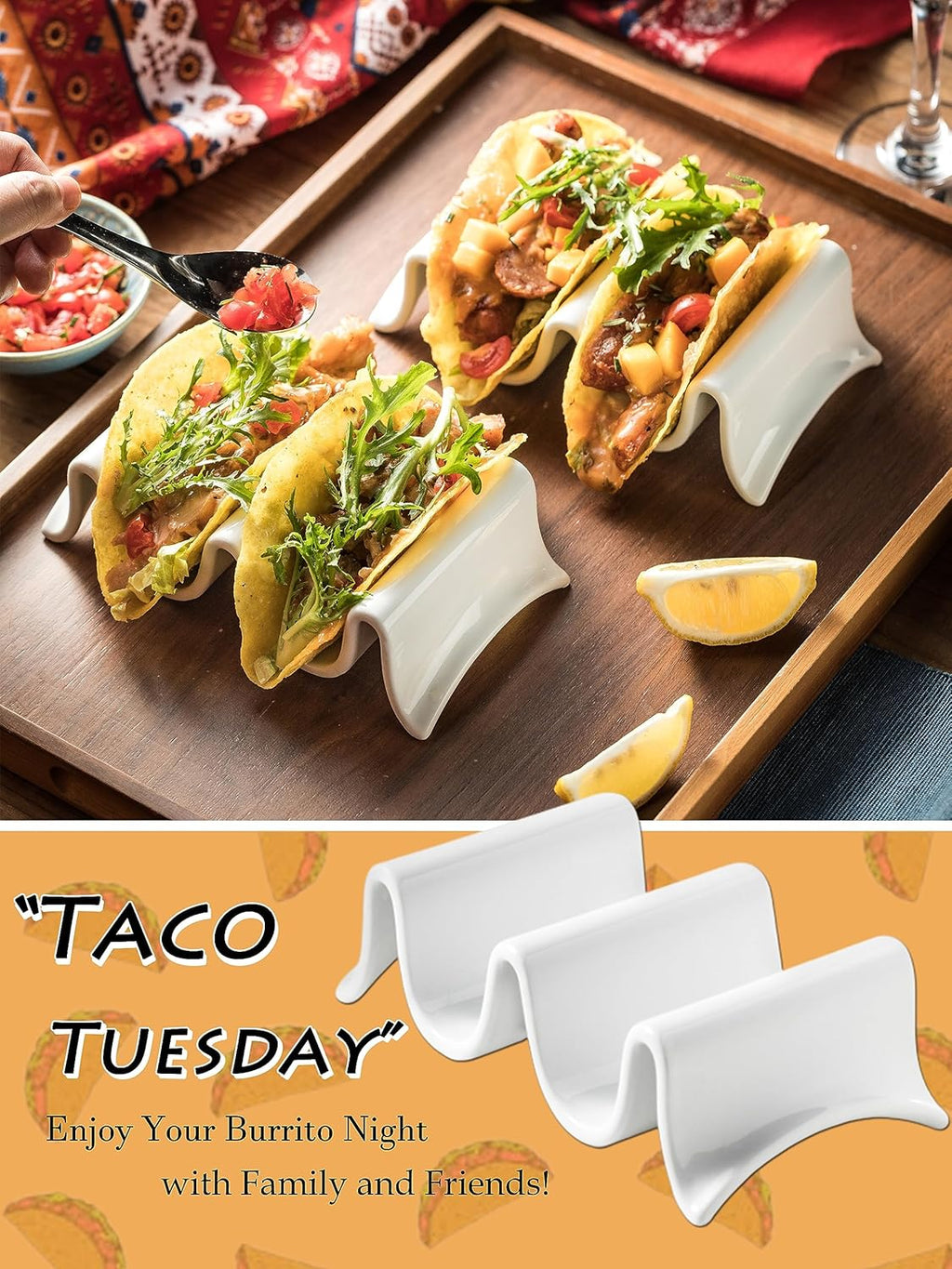 Taco Holder, Porcelain Taco Tray with Handles, Perfect for Keeping Tacos in Place, Serving Dish for Entertraining, Taco Shell Holds 4 Taco, Set of 2
