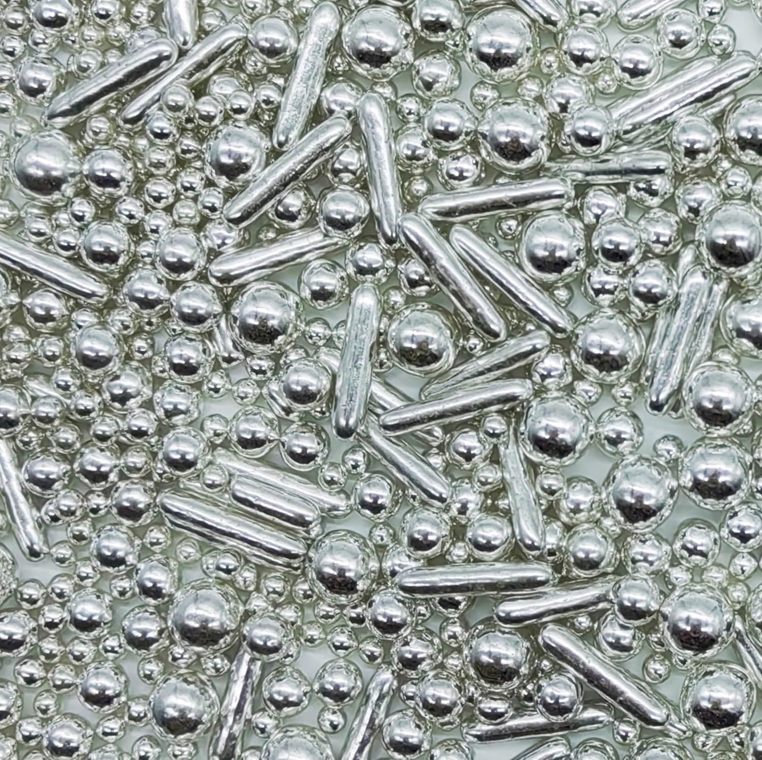 Silver Sprinkles Candy Mix Size Edible Pearls Cake Decorations Cupcake Toppers Cookie Decorating Perfect for Wedding Party Valentine Halloween Christmas Supplies 4.58OZ