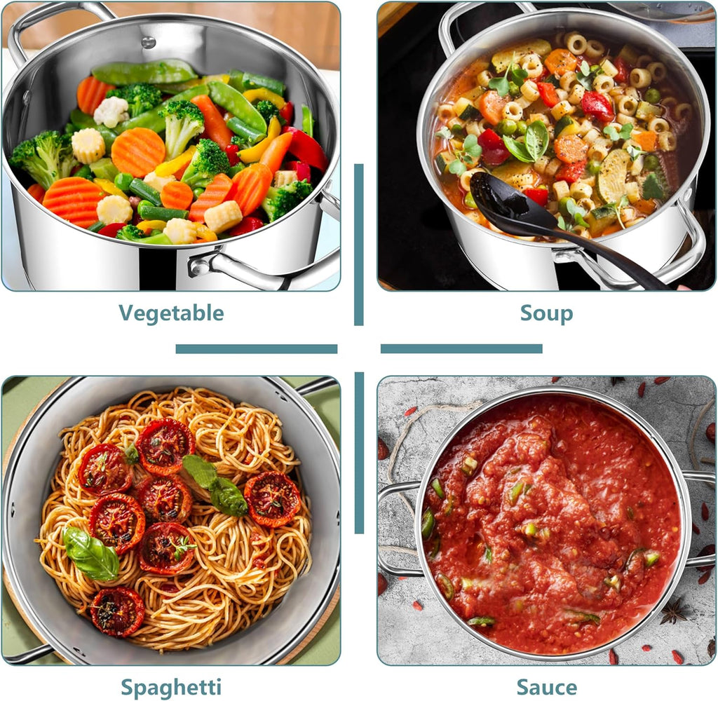 E-far 6 Quart Stock Pot with Lid, Stainless Steel Stockpot for Cooking Simmering Soup Pasta Sauce, with Tri-Ply Bottom & Visible Cover, Induction/Gas/Dishwasher Safe, Heavy Duty & Non Toxic