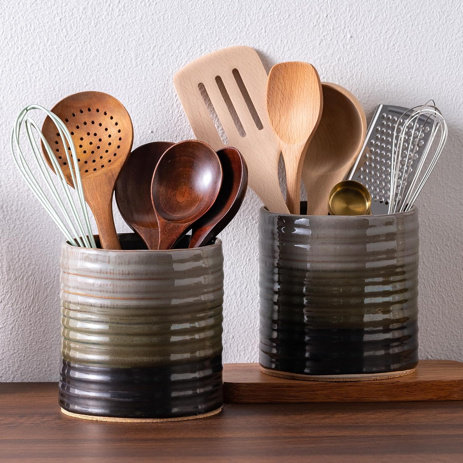 Utensil Holder 5.3" for Countertop, Ceramic Utensil Crocks for Kitchen Counter, Farmhouse Kitchen Décor Utensil Holder, Protection Cork Bottom