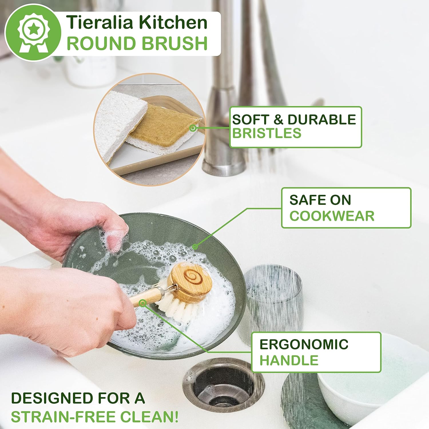 Tieralia Bamboo Dish Brush Gift Set – 5-Piece Kitchen Cleaning Bundle with Bottle Brush, Palm Brush, Scrub Brush & Sponge Pads | Elegant Wood Handles, Scratch-Safe Bristles, Giftable Packaging