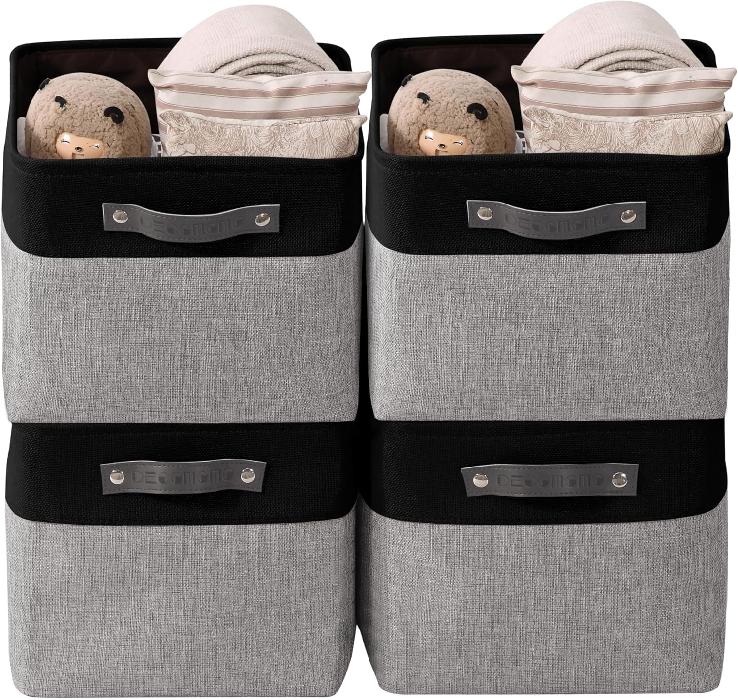 DECOMOMO Storage Baskets for Shelves - Fabric Storage Bins, Linen Closet Organizers and Storage (Grey & Black, Large - 4 Pack)