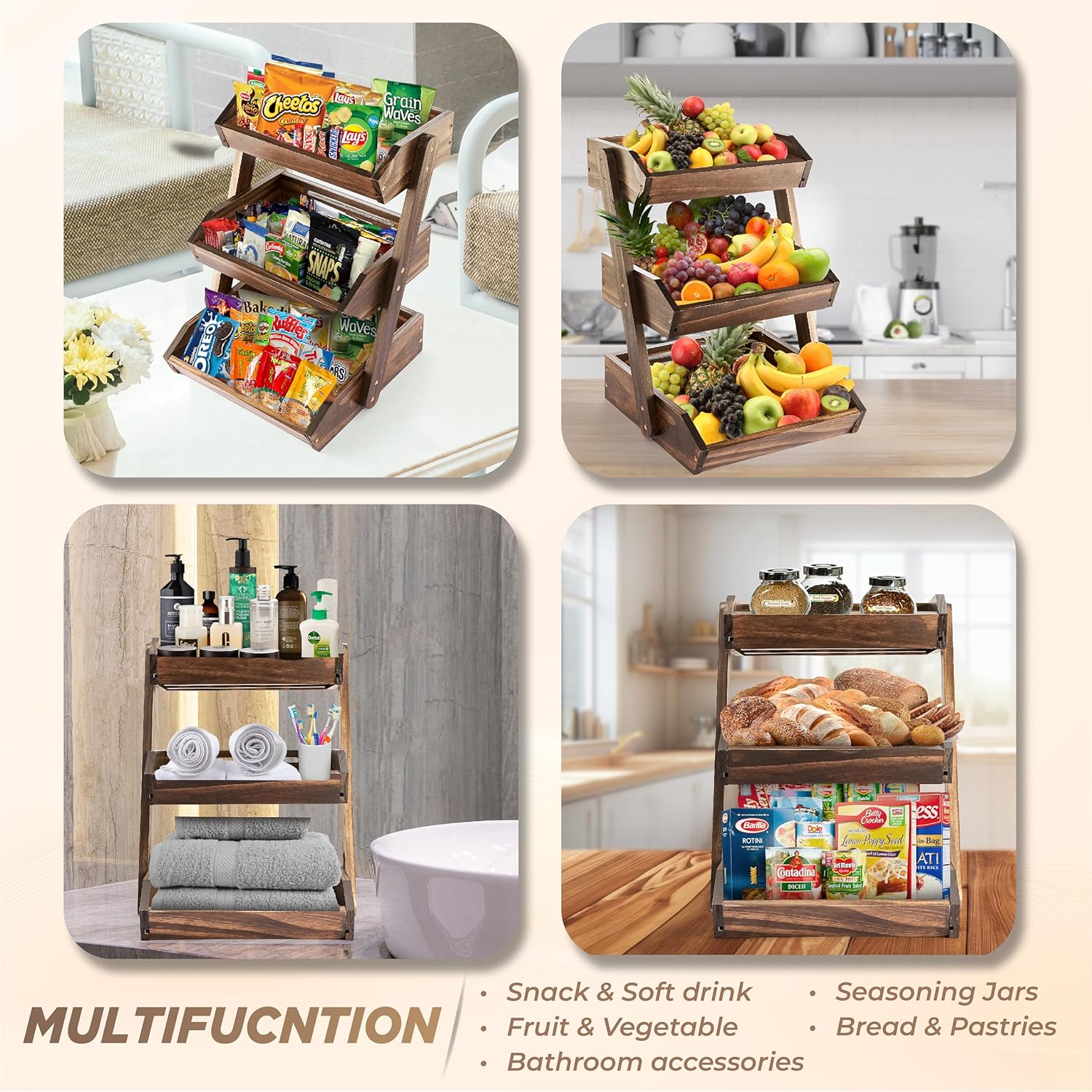 Fruit Basket, Fruit Bowl, 2 Tier Fruit Basket for Kitchen, Fruit Stand Storage Holder, Heavy Duty/Multipurpose/Large Capacity for Fruit, Vegetables, Bread Storage (Walnut, 3 Tier)