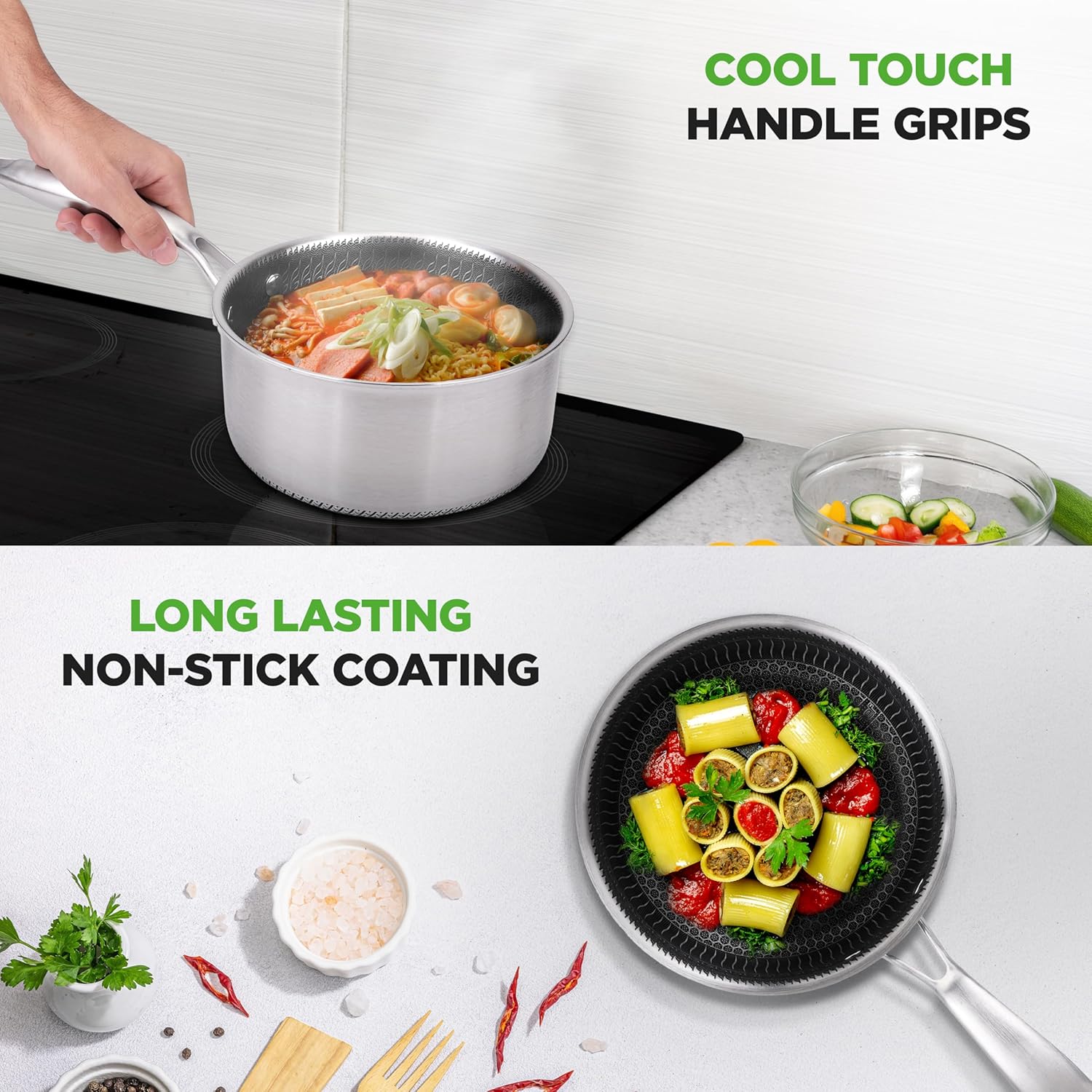NutriChef 2 QT Stainless Steel Sauce Pot - Triply Kitchenware Sauce Pot with Glass Lid - DAKIN Etching Non-Stick Coating, Scratch-resistant Raised-up Honeycomb Fire Textured Pattern - NutriChef NC3PSP