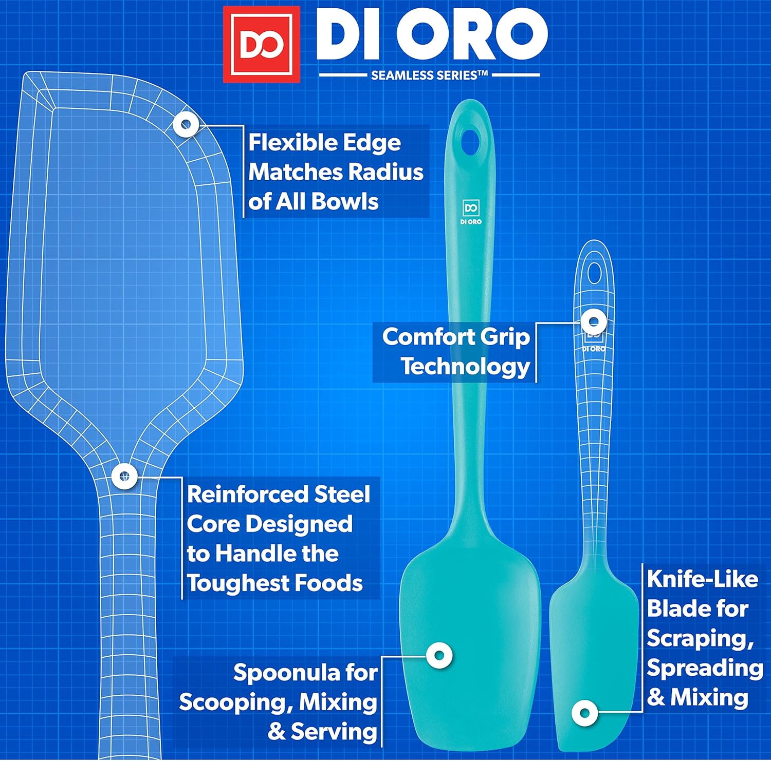 DI ORO Silicone Spatula Set - Rubber Kitchen Spatulas for Baking, Cooking, & Mixing - 600°F Heat-Resistant & BPA Free Silicone Scraper Spatulas for Nonstick Cookware - Dishwasher Safe (3pc, Teal)