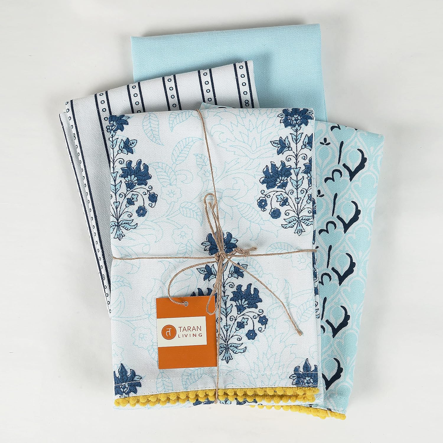 Printed Kitchen Dish Bar Tea Towels Cotton with Trims Hand Towel Gift for Mothers Day Cotton Dish Towel Sets Gift for Mom - White & Blue, Set of 4-18x28 inches