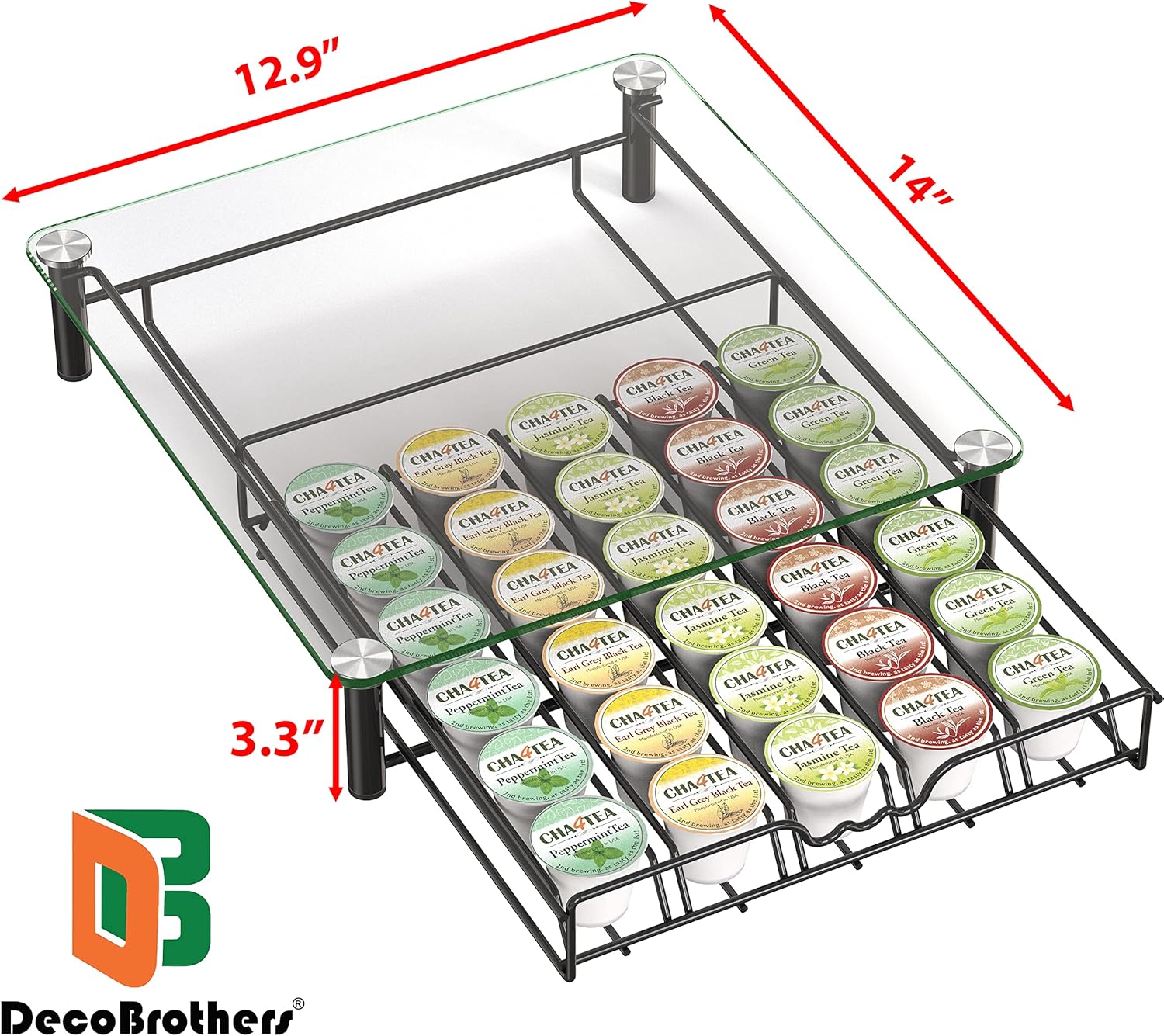 Deco Brothers Crystal Tempered Glass K-Cup Holder Drawer for 30 Coffee Pods Storage, Black