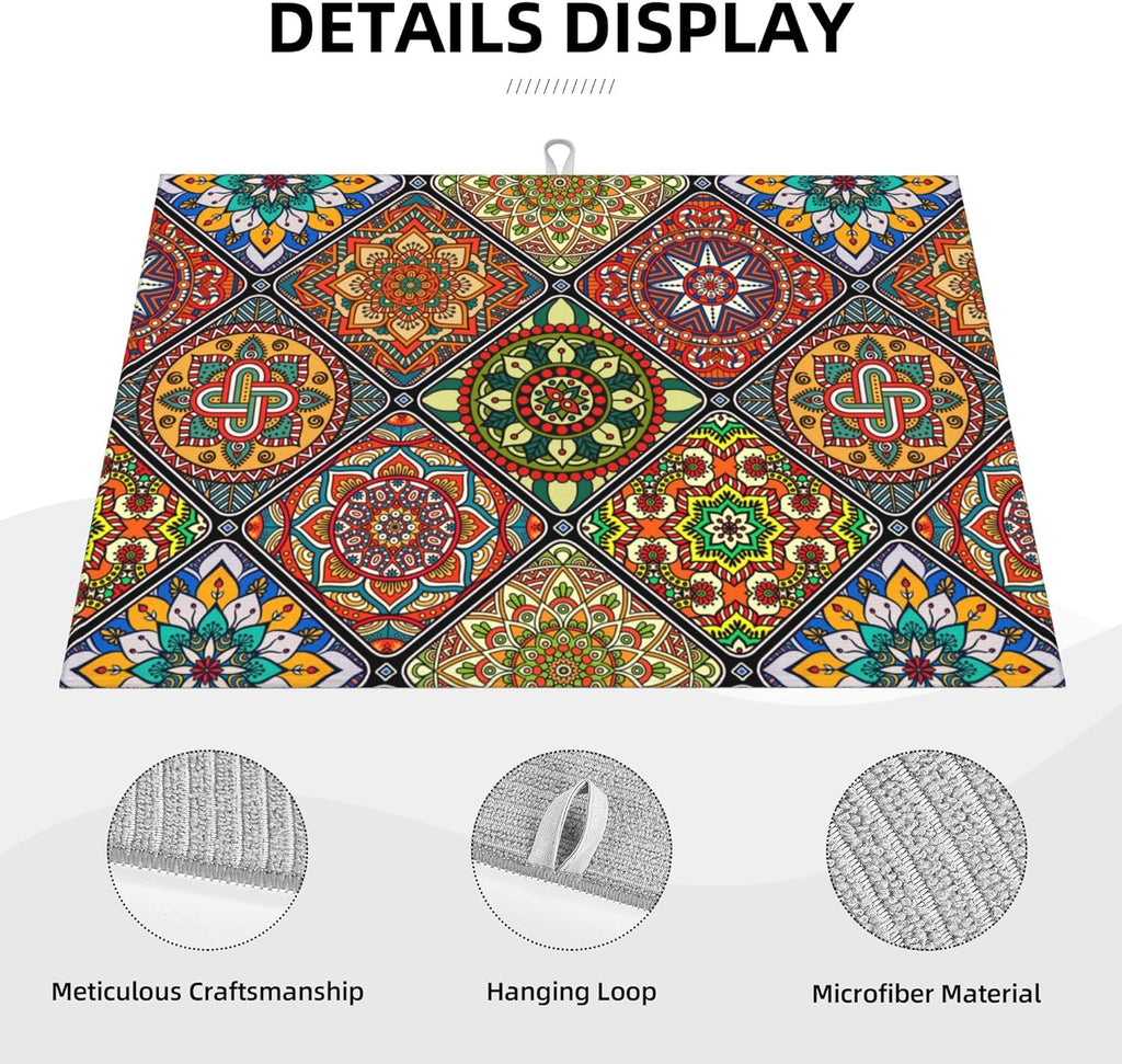 Retro Dish Drying Mat for Kitchen Counter Mandala Colorful Dish Drainer Rack Mats Boho Decor Washable Absorbent Reversible Microfiber Drying Pad Kitchen Accessories 18"x24"