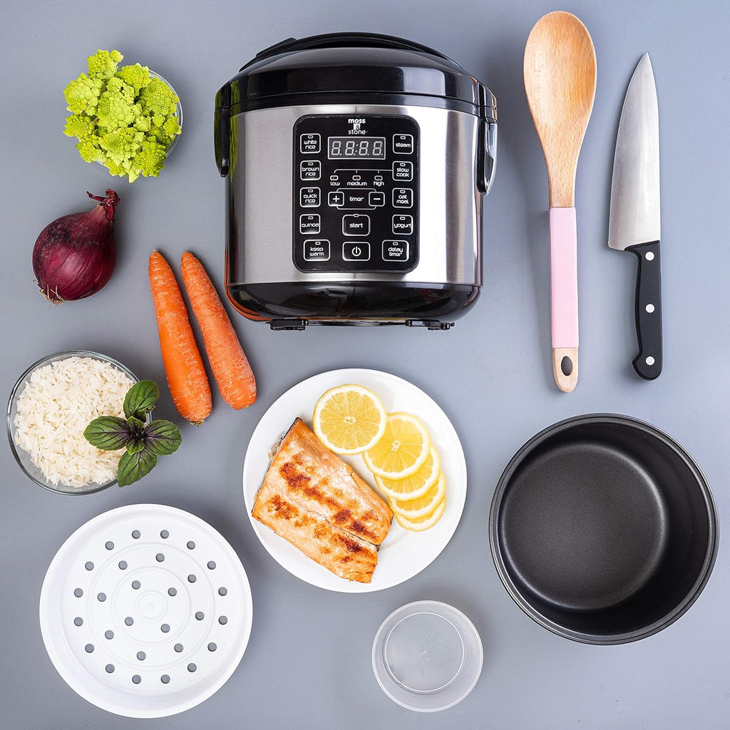 Moss & Stone - Small Digital Electric Rice Cooker, 4-8 Cups, 10 Preset Settings, Brown and White Rice Steamer, Slow Cooker with Steamer for Vegetables, Pot