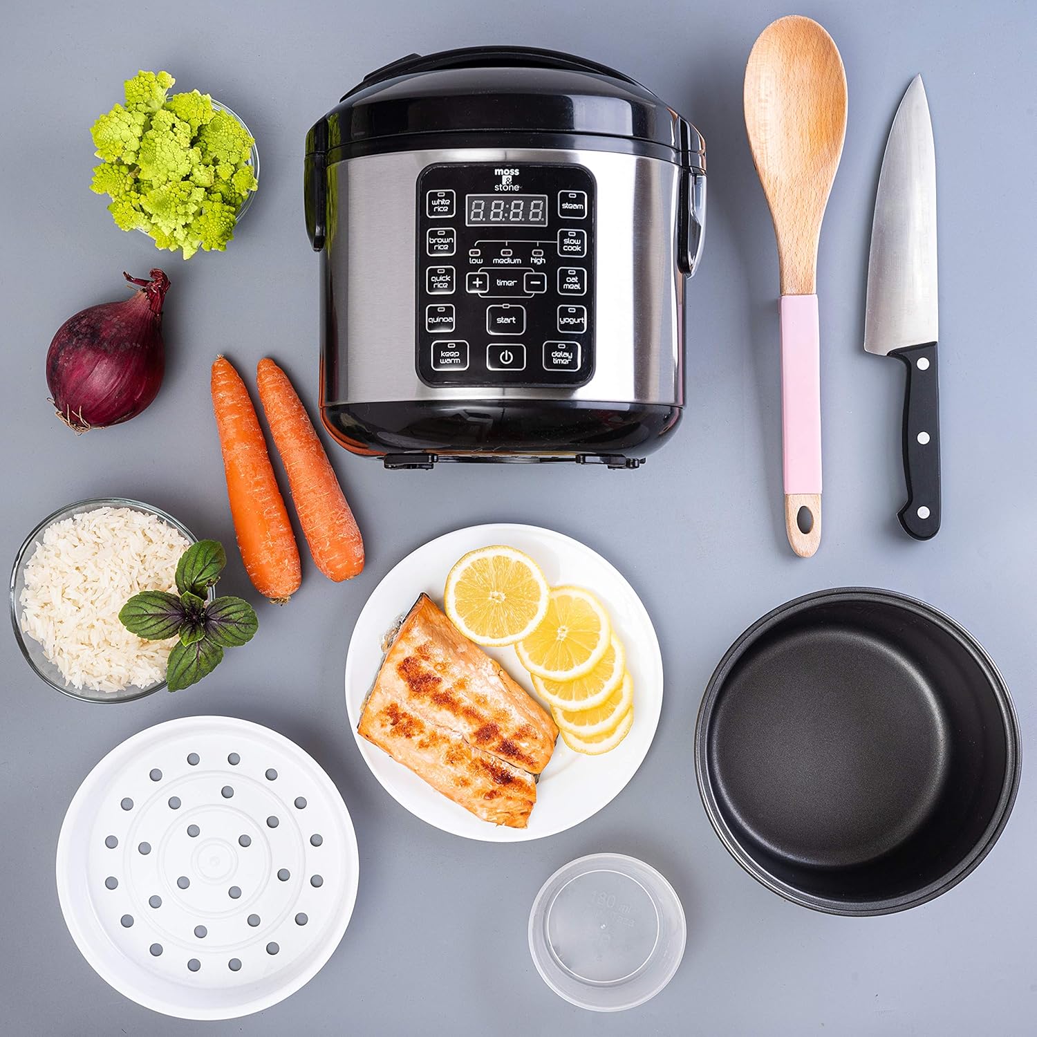 Moss & Stone - Small Digital Electric Rice Cooker, 4-8 Cups, 10 Preset Settings, Brown and White Rice Steamer, Slow Cooker with Steamer for Vegetables, Pot
