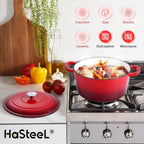 Small 3 Quart Dutch Oven, HaSteeL Round Cast Iron Cooking Pot with Lid, Nonstick Enameled Cookware for Sourdough Bread Baking Roasting Stewing Braising Frying, Heavy Duty & Oven Safe 500℉, Red