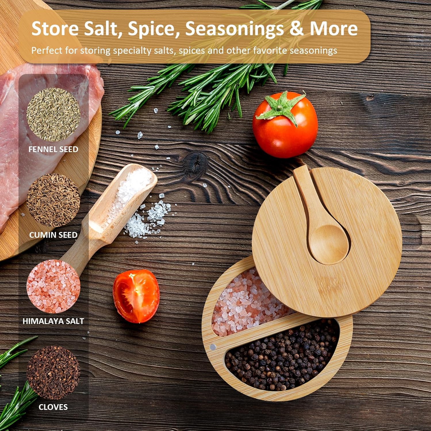 2-Compartment Salt Box with Lid and Spoon, Bamboo Salt Cellar with Swivel Lid, Salt and Pepper Bowls for Salt & Spices, Dual 6 oz Salt Container