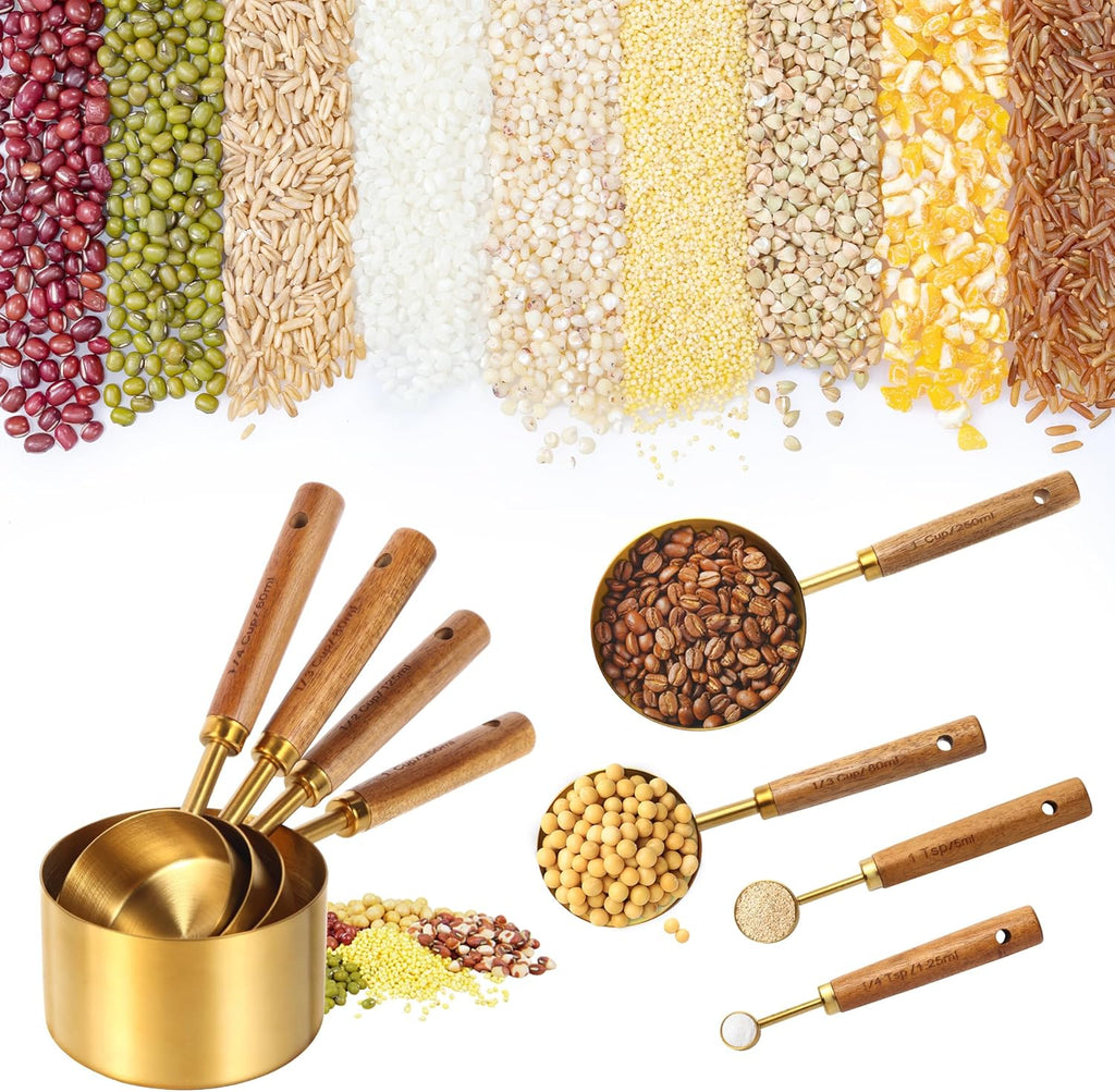 Gold Measuring Cups and Spoons Set,8 Piece Premium Stainless Steel Measuring Cups with Wood Handles,4 Stackable Wooden Measuring Cups and 4 Measuring Spoons Set for Baking Supplies in the Kitchen