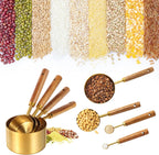 Gold Measuring Cups and Spoons Set,8 Piece Premium Stainless Steel Measuring Cups with Wood Handles,4 Stackable Wooden Measuring Cups and 4 Measuring Spoons Set for Baking Supplies in the Kitchen