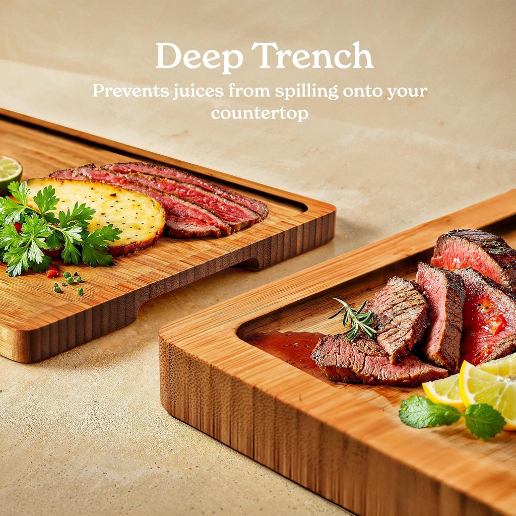 SMIRLY Wood Cutting Boards for Kitchen Wooden Chopping Board Set Reversible with Deep Juice Grooves Grip Handles, Large Charcuterie Tray, New Apartment Essentials, Carbonized Bamboo, 3Pcs with Holder