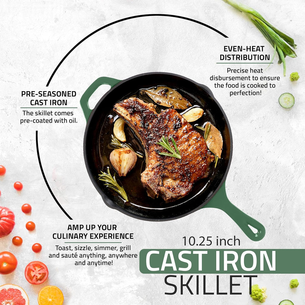 Utopia Kitchen Cast Iron Frying Pan 10.25 Inch, Cast Iron Chefs Pan, Pre Seasoned Skillet, Safe Grill Cookware for Indoor & Outdoor Use, Green