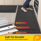 JSEI Non-Slip Kitchen Mats, Self Adhesive No Sliding Kitchen Rugs Set of 2, Washable Absorbent Floor Mat for Kitchen, Bathroom, Laundry Room, Bedroom, 24”x36”+24”x60”, Dark Grey, Rectangular Pattern