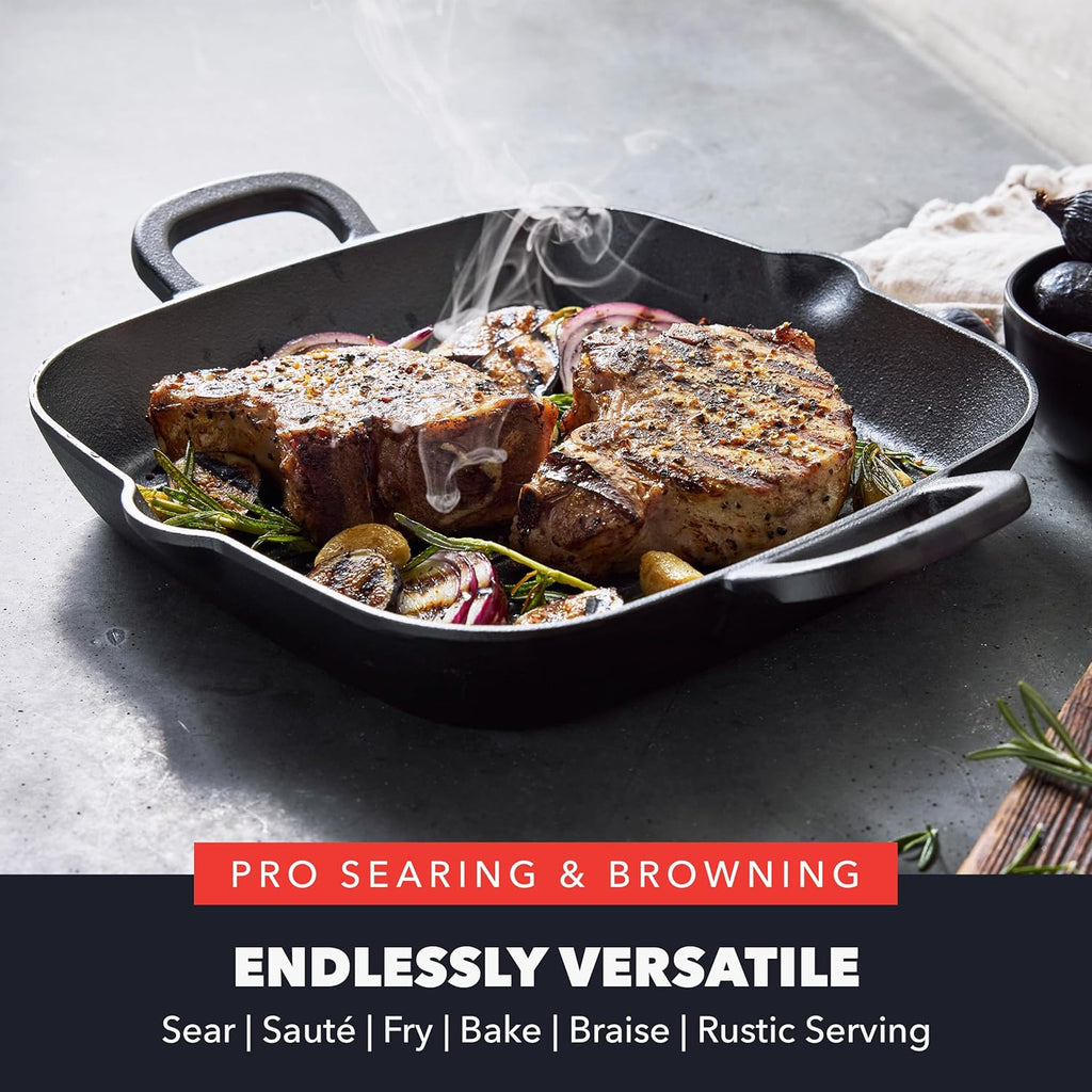 GreenPan x Bobby Flay Cast Iron 11” Square Grill Pan, Pre-Seasoned Professional Grade Heavy Duty Skillet, Helper Handles, Induction Suitable, Stovetop, Oven, BBQ & Fire, Indoor & Outdoor Use, Black