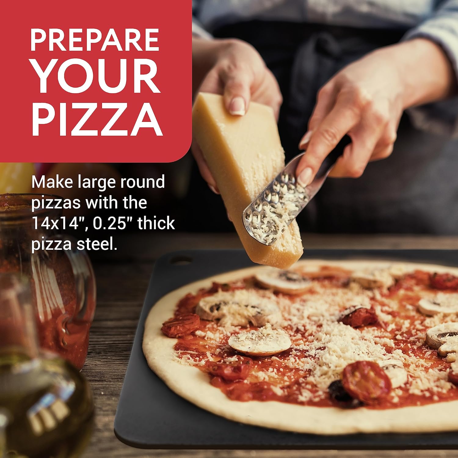 IMPRESA Pizza Steel for Oven - 14 x 14 x 0.25 in Black Carbon Steel - Fast Heat Retention for Crispy Crust - Nonstick Surface with Pizza Stone & Pan Performance