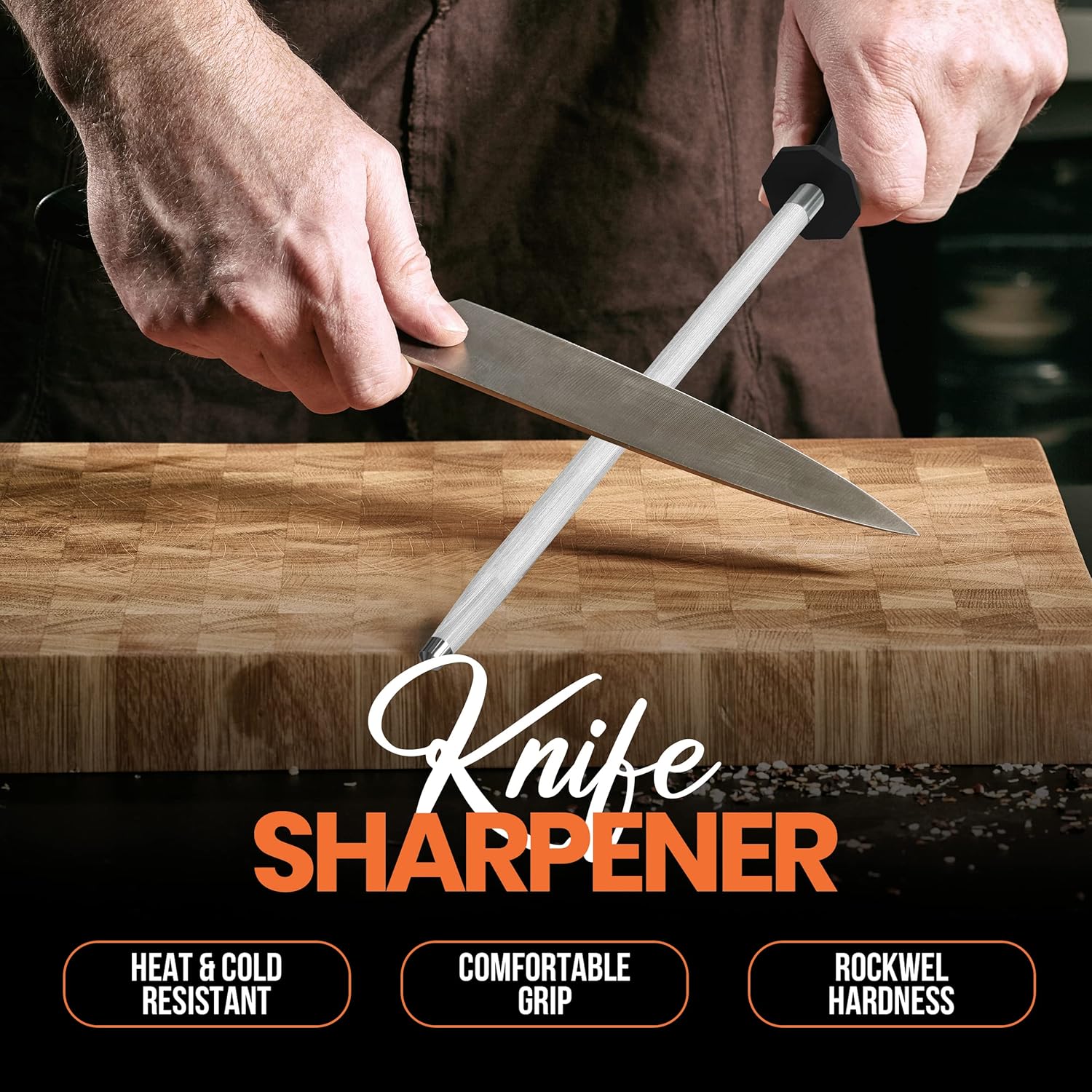 Utopia Kitchen Knife Sharpener Rod 12 Inch, Professional Honing Rod for Knife Sharpening with Hanging Hook, Black