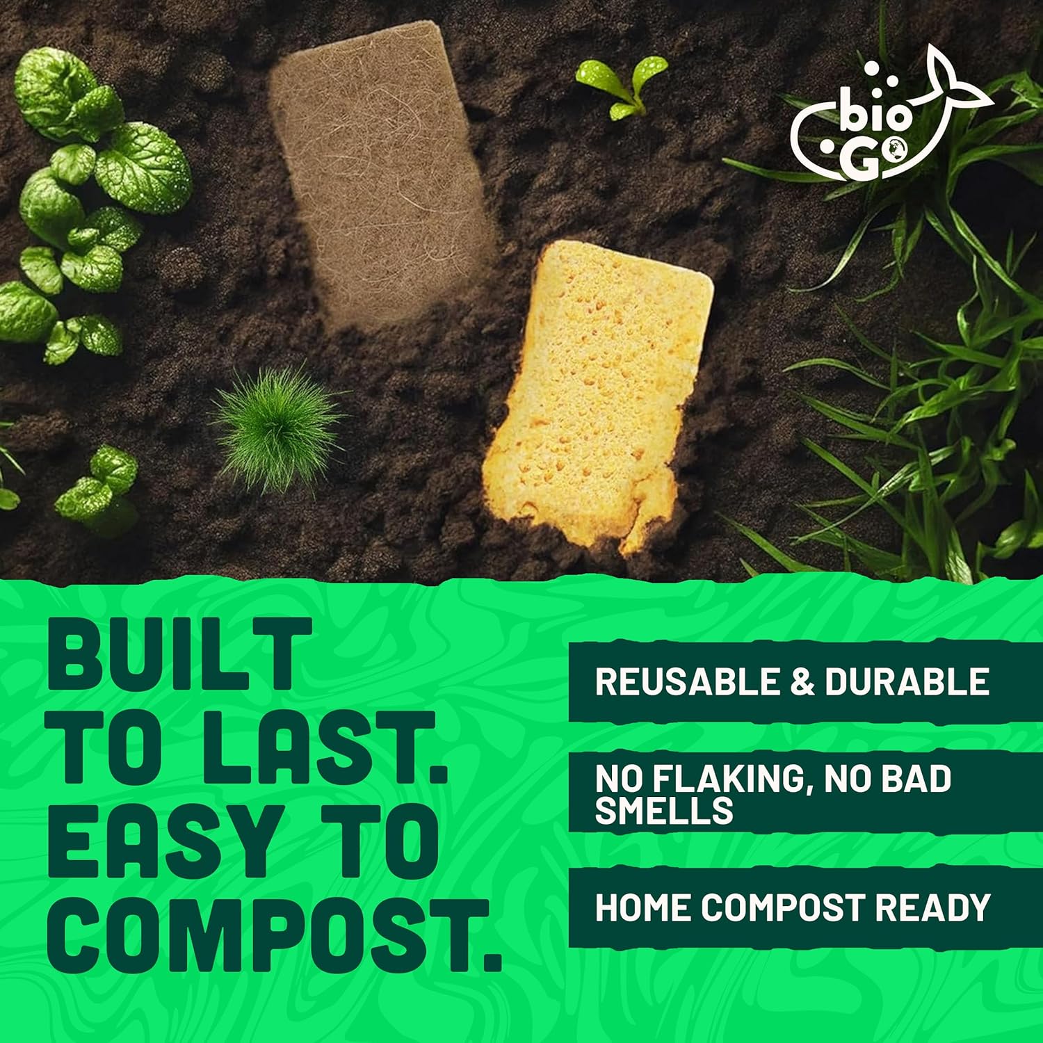 bioGo 12 Pack Biodegradable Kitchen Sponges - Eco-Friendly, Compostable, Natural Cellulose Dish - Compostable - Biodegradable - Cellulose Sponge