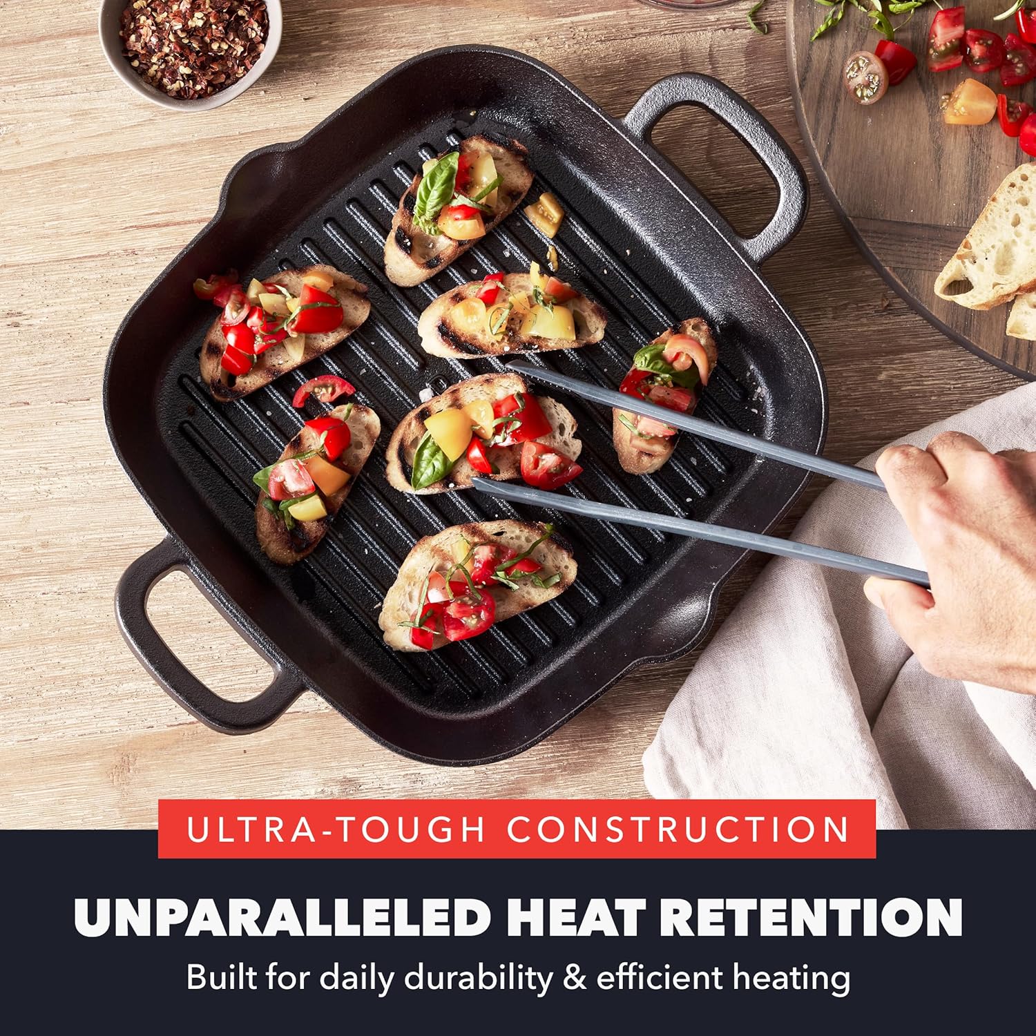 GreenPan x Bobby Flay Cast Iron 11” Square Grill Pan, Pre-Seasoned Professional Grade Heavy Duty Skillet, Helper Handles, Induction Suitable, Stovetop, Oven, BBQ & Fire, Indoor & Outdoor Use, Black