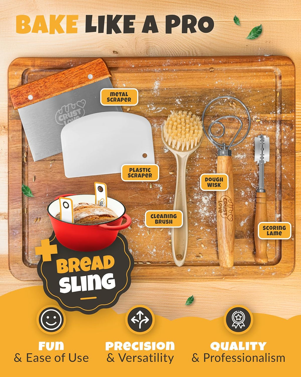 Dutch Oven for Bread Baking - incl. Sourdough Bread-Baking Supplies like Banneton Bread-Proofing Basket - 5QT Enameled Cast Iron Bread-Oven with Lid, Bread-Pan Sour Dough Starter Kit