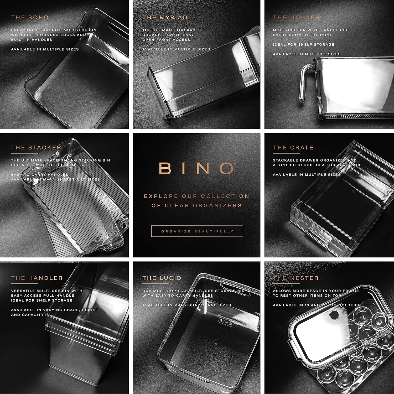BINO | Plastic Storage Bins - 4 Pack | THE LODGE COLLECTION | Clear Storage | Containers for Organizing with Handles | Pantry Kitchen Organization | Fridge Organizer | Bathroom | Shelves Cabinet