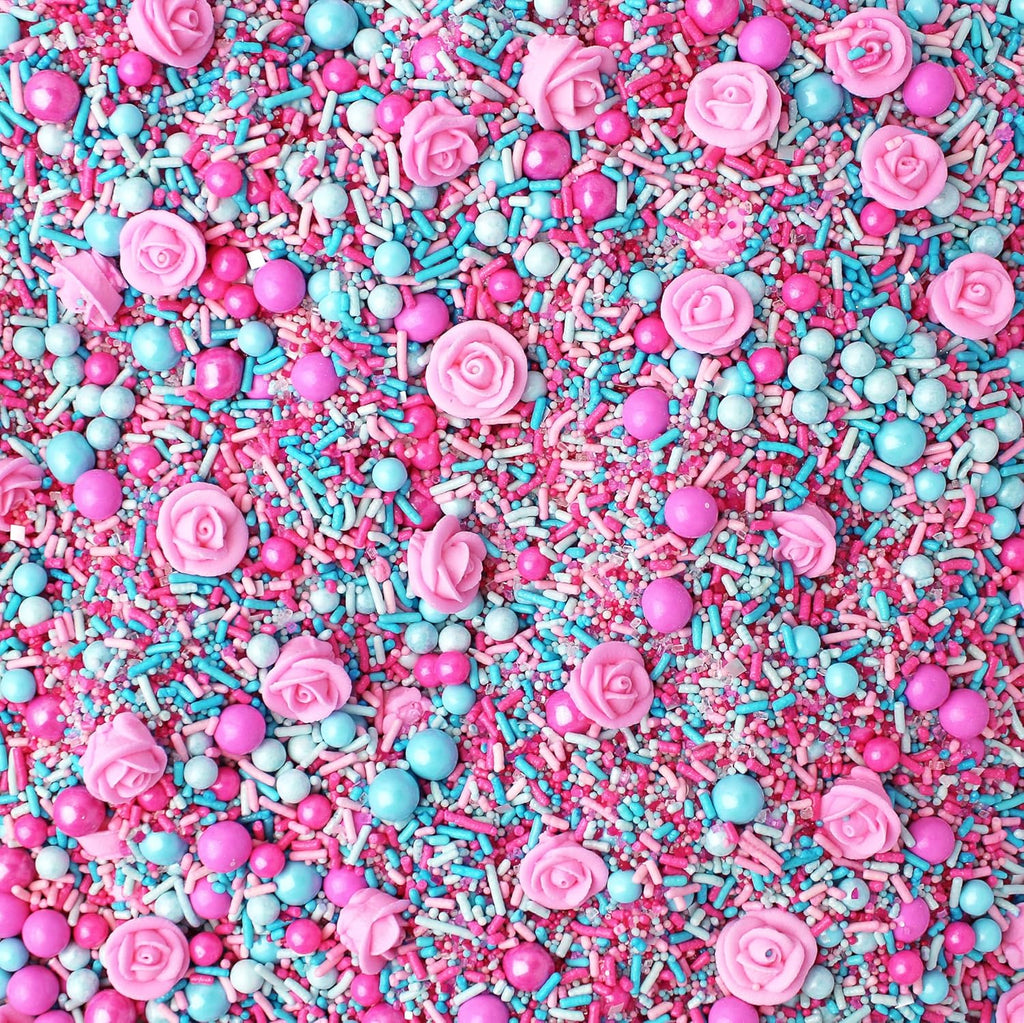 Sprinkle Pop Briar Rose Princess Sprinkle Mix| Pink and Blue Sprinkles with ~6 Hand Piped Royal Icing Roses| Birthday Sprinkles Made in USA for Decorating Cake Cupcakes Donuts Cookies Ice Cream, 2oz