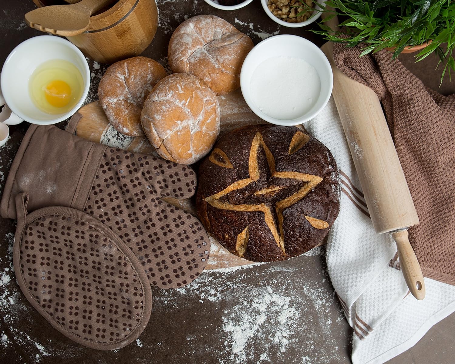 Sticky Toffee 9-Piece Kitchen Set – Brown 100% Cotton Terry Dish Towels, Dishcloths, Oven Mitts, and Pot Holders with Non-Slip Silicone Grip, Oeko-Tex Cotton