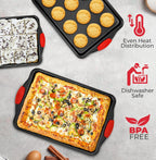 PERLLI Non-Stick 3-Piece Baking Pan Set, BPA-Free Carbon Steel Bakeware Set with Silicone Handles, Stackable Kitchen Oven Set, Cookie Sheet, Baking Tray, Baking Sheet Set, Oven Safe (446°F)