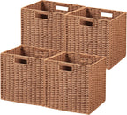 UBBCARE 4 Pack Wicker Basket, 11L×11H×10.5W inch Woven Paper Rope Storage Baskets for shelves, Foldable Cube Storage bin with Handle, Storage Basket for Organizing & Decor, Caramel